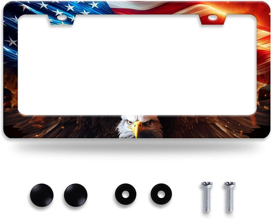 American Flag Bald Eagle License Plate Frame Patriotic License Plate Frames for Car Decorative Parts Stainless Stee License Plate for Standard Us Canada Funny License Plate Holder 12x6 Inch Unisex