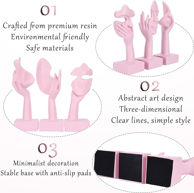 3 Pcs Thinker Large Statue Set - Pink Art Abstract Home Accent Figurines for Living Room, Bedroom, Shelves, Office Desktop, Coffee Table Decor, Gift for Women (3 Pcs Pink, 9")