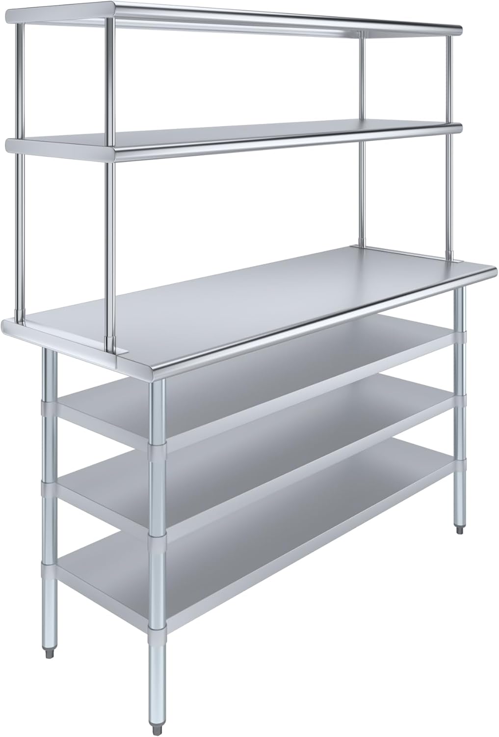 Amgood 24" x 60" Stainless Steel Work Table with 3 Shelves and 18" Wide Double Tier Overshelf | Metal Kitchen Prep Table & Shelving Combo | NSF