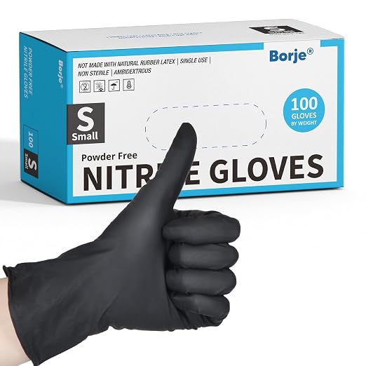 Borje Nitrile Gloves Small, 100 Count Disposable Gloves, Black, Latex-Free Powder-Free, Medical Exam, Food Safe, Cleaning, Cooking