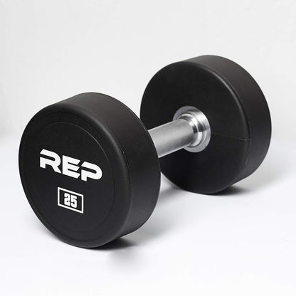 REP Fitness Urethane Coated Round Dumbbells, 5 to 100 lbs, Singles or Pairs, With or Without Rack, Steel Core, Rubber Encased, Chrome Handles, Professional Weights for Home Gym Strength Training