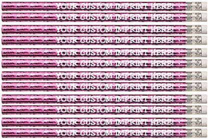 Express Pencils™ Personalized Custom Round Pencils - Glitz & Glitter Foil Theme -Printed w/your name/message/text or logo - Made in the USA - Personalization -Great gift idea- 12/Set (PINK PRISM)