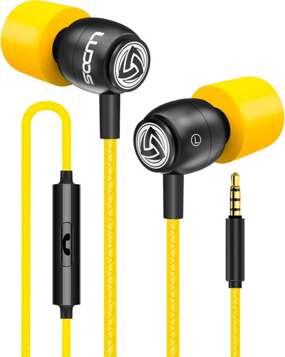 LUDOS Clamor Wired Earbuds in-Ear Headphones, 5 Years Warranty, Earphones with Microphone, Noise Isolating Ear Buds, Memory Foam for iPhone, Samsung, School Students, Kids, Women, Small Ears - Yellow