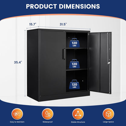 Yizosh Metal Garage Storage Cabinet with 2 Doors and 2 Adjustable Shelves - 35.5" Steel Lockable File Counter Cabinet for Home Office,Garage,Gym,School（Black）