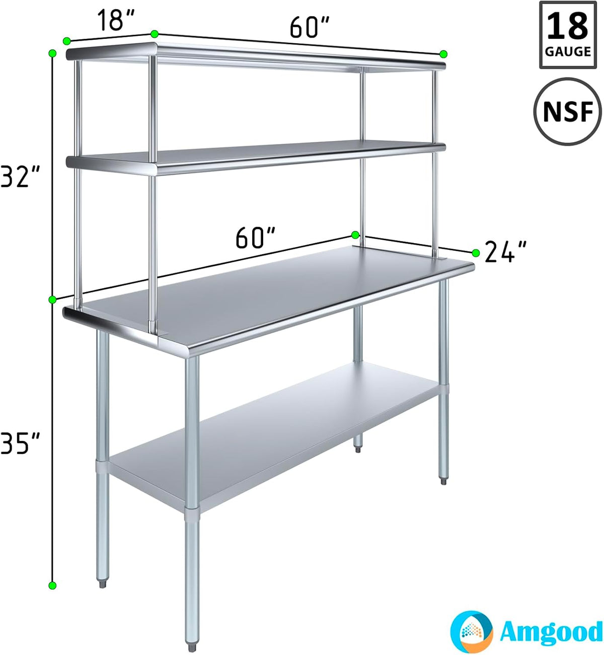 Amgood Stainless Steel Work Table Double Tier Overshelf | Metal Kitchen Prep Table & Shelving Combo (24" x 60" Work Table + 18" Overshelf)