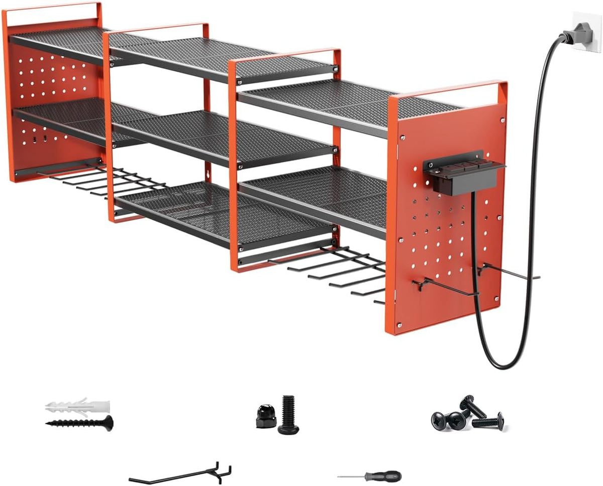Heavy-Duty 48" Wall Mount Power Tool Organizer with Charging Station – 3-Tier Garage Organization Rack for Drills, Wrenches & Tools – Includes 16 Hooks & Pegboard Sides