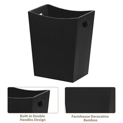 SEHERTIWY Wood Trash Can, Farmhouse Wastebasket Bin for Bathroom, Office, Bedroom, Living Room, Small Square Rustic Garbage Container (Wood-Black)