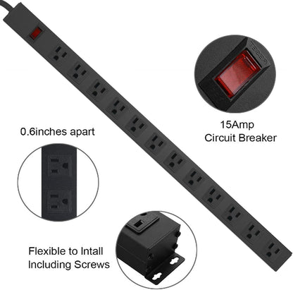HHSOET Aluminum Wall Mount Power Strip - 12 AC Outlets, 15 FT Cord, 15A 125V Switch
