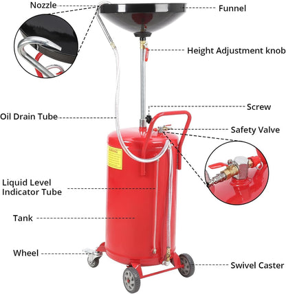 20-Gallon Waste Oil Drain Tank, Air Operated Portable Oil Drainer with Adjustable Funnel Height, Fluid Fuel Transfer Drainage with Wheels, Oil Change Container for Garages, Auto Repair Shops
