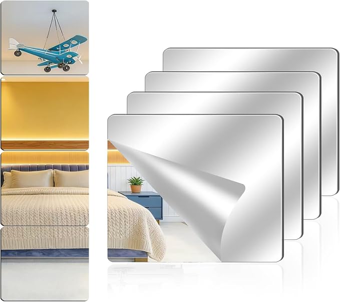 4 Pack Acrylic Mirrors for Wall,8 x 10 Inch Self Adhesive Frameless Small Mirror Tiles, Flexible Plastic Mirror Sheets for Bedroom Home Gym Door (4Pcs 8×10inch)
