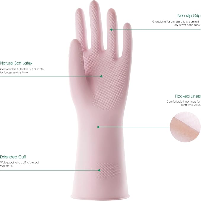 COOLJOB Large Household Rubber Gloves with Cotton Liner & Non-slip Grip, Waterproof Long Lasting Dishwashing Gloves for Kitchen & Bathroom Cleaning, Light Pink, 1 Pair