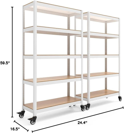 HOMEDANT House White 5-Tier Metal Rolling Cart Shelf Rack Casters Heavy Duty Wheel Shelving Unit Adjustable Utility Storage Shelves Organizer Shelf Kitchen Garage 36.2" W x 16.5" D x 69.5" H 2Pack