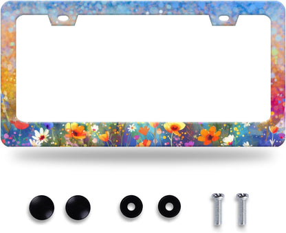 Abstract Floral License Plate Frame Watercolor Flowers License Plate Stainless Steel Funny License Plate Holder for Women Colorful Car Accessories Decoration 12.3" x 6.3"