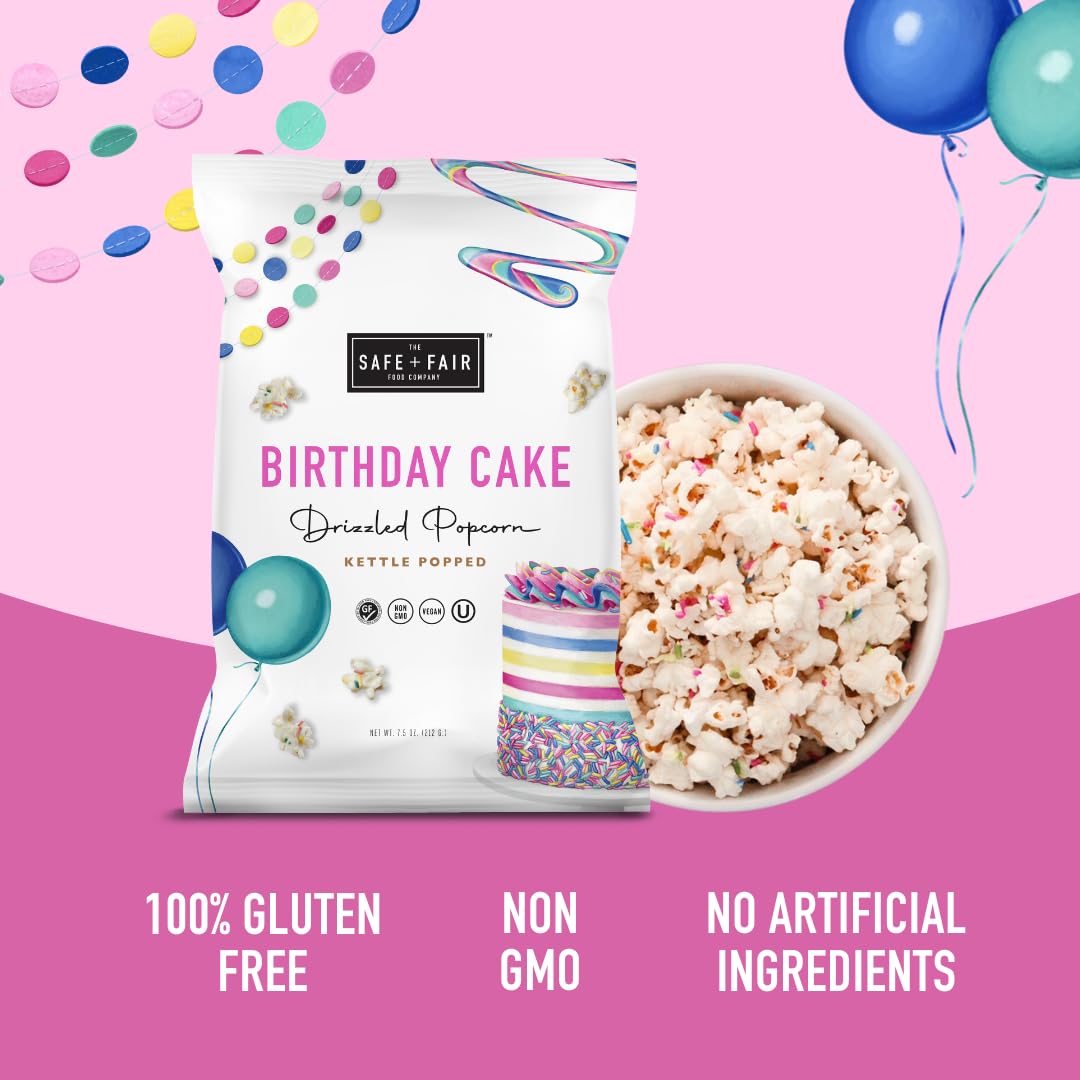 Safe + Fair Birthday Cake Drizzled Popcorn - Gluten-Free, Dairy Free and Vegan Snack - Free From Top 9 Allergens and Artificial Ingredients – Non GMO, Plant Based Kettle Popped Corn, 5.5 oz
