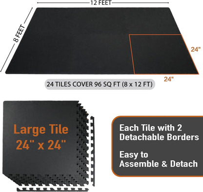 AIRHOP 0.56in Thick 96 Sq Ft Exercise Equipment Mats, 24 Tiles Upgraded Rubber Top with High Density EVA Foam, Large Interlocking Puzzle Gym Flooring for Home Gym, Heavy Weight Workout,Black