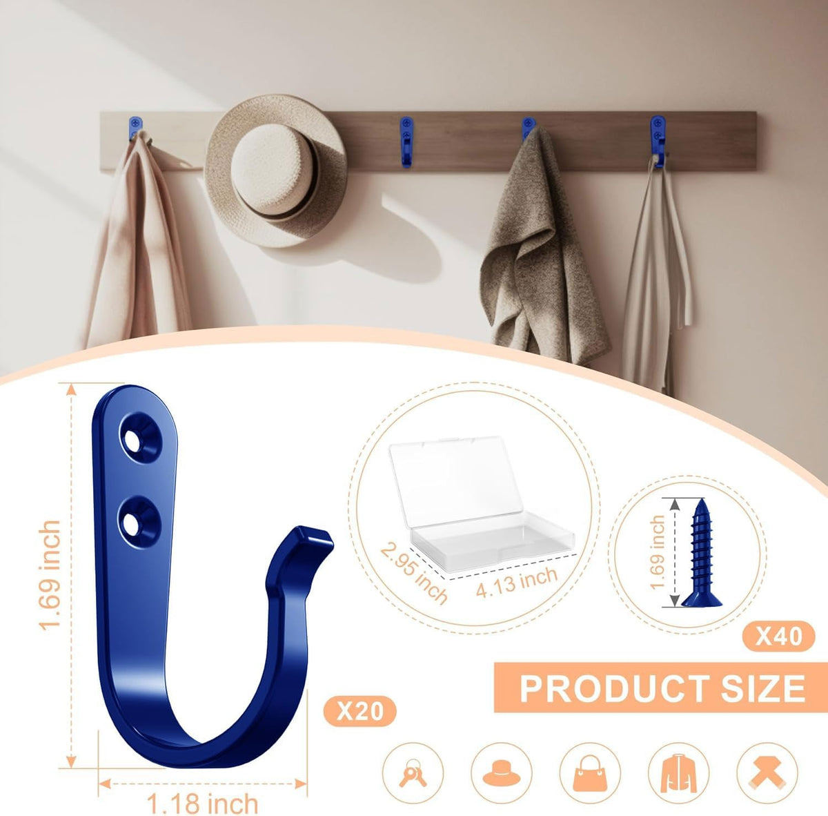 20PCS Wall Hooks for hanging, Metal Wall Hooks for Coats, Coat hooks for Wall, Heavy Duty Single Prong Wall Hooks With 40 Pieces Screws for Hanging Coats，Towel，Backpack，Hat, Dog Leashes (Blue)