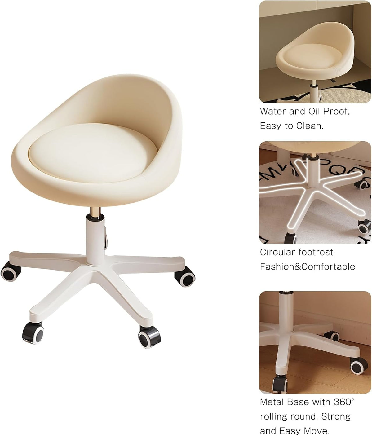 Rolling Stool Set of 3 Rolling Hydraulic Salon Stool with Low Backrest - Adjustable Swivel Chair for SPA, Shop, Salon, Massage, or Medical Office Beige