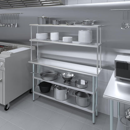 Amgood Stainless Steel Work Table with 2 Shelves | Metal Kitchen Prep Table & Shelving Combo (14" x 60" Table with 2 Shelves + 12" Overshelf)