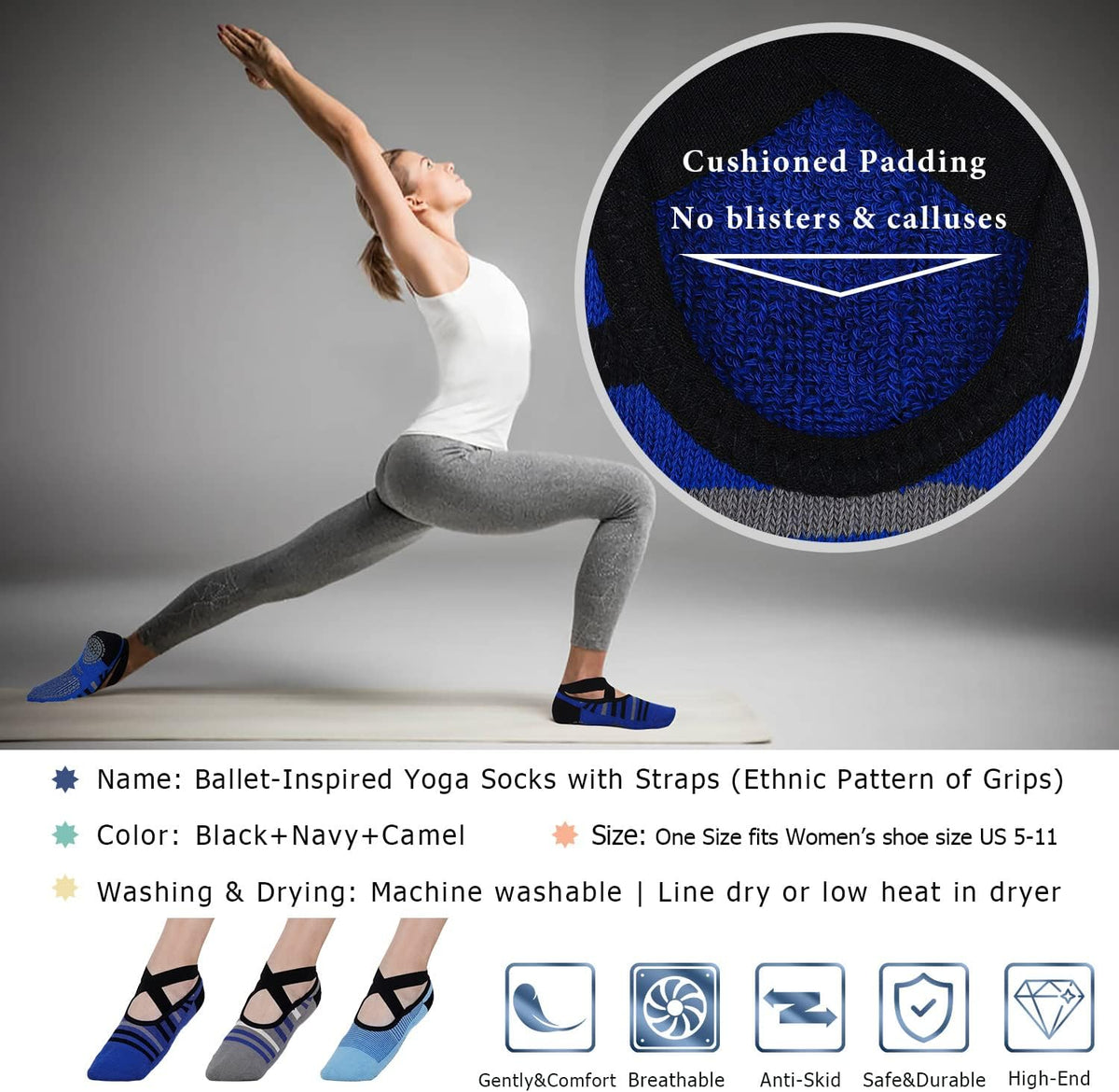 Ozaiic Yoga Socks for Women Non-Slip Grips & Straps, Ideal for Pilates, Pure Barre, Ballet, Dance, Barefoot Workout