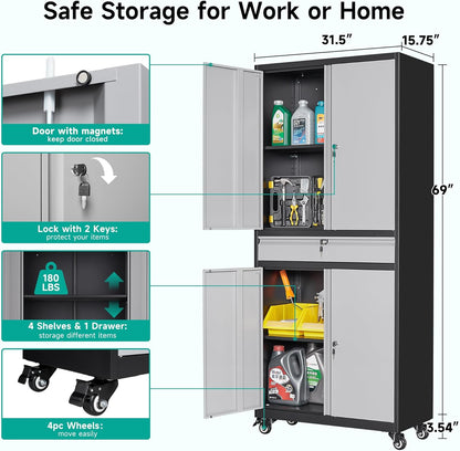 Metal Garage Storage Cabinet with Wheels and Drawer,Gray Rolling Garage Cabinet with Locking Doors and Adjustable Shelves,73" Tall Mobile Metal Storage Cabinets on Wheels for Home,Office,Garages,Tool