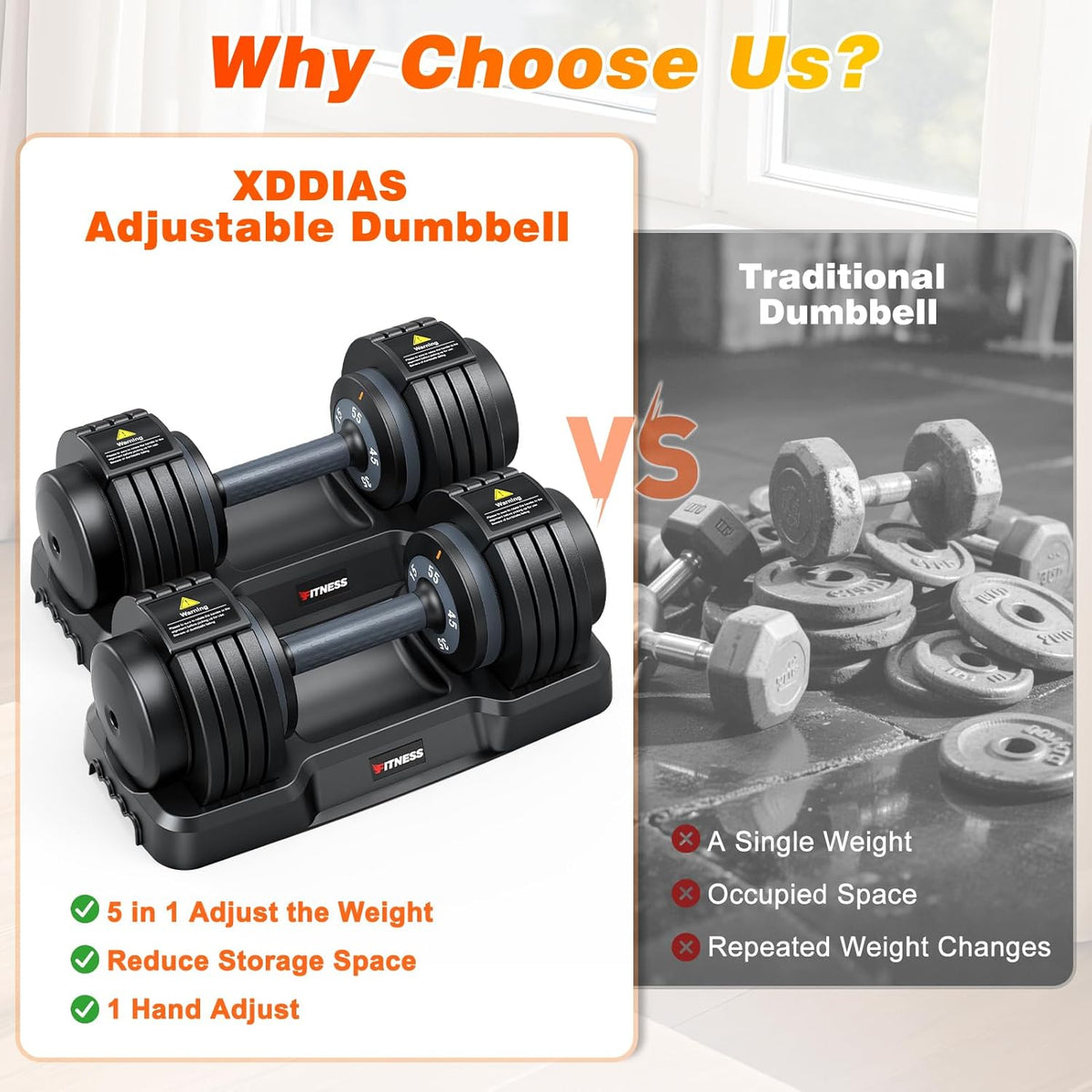 XDDIAS Adjustable Dumbbell Set of 2-25LB/55LB Set-1Sec Adjustable Dumbbell Weights-5 in 1 Free Weights Dumbbells Set with Effortless Tray/No-Slip Handle-Compact Size for Women/Men at Home Gym