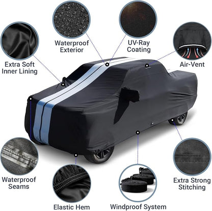 iCarCover Premium Heavy Duty Truck Car Cover - Waterproof All Weather Rain Snow UV Protection, F-150 Raptor SuperCrew, Ram 1500 TRX, Silverado, Sierra, Size T88 (See Size Chart), Stripe - Black/Gray