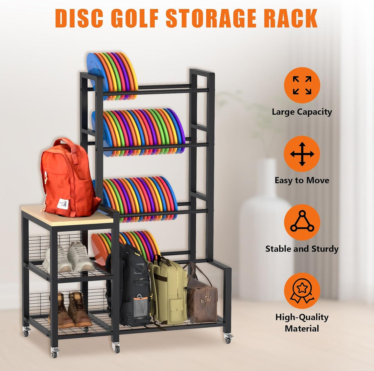 Disc Golf Storage Rack with Wheels – Heavy Duty Metal Disc Golf Rack for Discs, Backpacks & Accessories – Ideal for Garage, Home, or Store Display