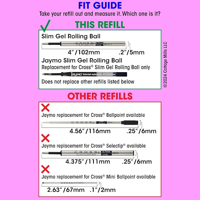 Replacement for Cross Slim 8910 - Gel Rolling Ball Pen Refill - 2 Red