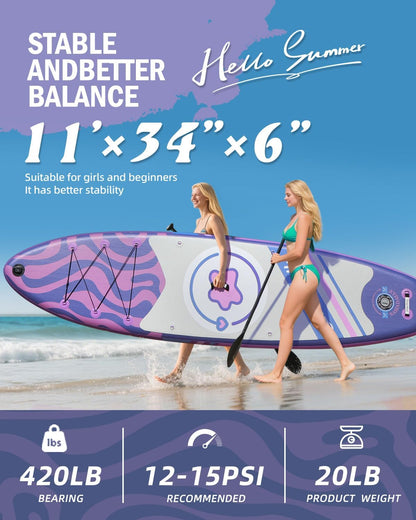 11'Stand Up Paddle Boards Surf Control with Premium SUP Board Accessories Backpack & Removable Fins, 34" Wide Inflatable Paddle Boards of All Skill Levels
