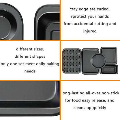 mobzio Kitchen 5-Piece Nonstick Bakeware Set - Round/Square Cake Pans, Muffin Pan, Loaf Pan, Roast Pan & Baking Sheets