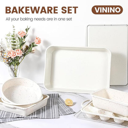 Vinino 8-Piece Baking Pans Set Nonstick, Bakeware Set includes Silicone Muffin, Loaf, Cake Pans with Metal Reinforced Frame, and Carbon Steel Roasting Pan, Cookie Sheet, Cooling rack for Oven-Cream