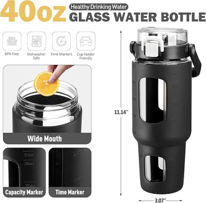 BLUEGO 40 oz Glass Water Bottles with Straw Time Marker, Glass Tumbler with Handle Top Lids, Easy to Clean, Fits in Car Cup Holder, Leakproof Jug for Gym, Sports, Workout & Daily, Black