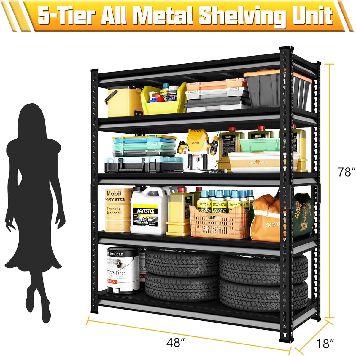 48" W Garage Shelving Heavy Duty, 2800LBS Loads Adjustable Garage Storage Shelves, 5-Tier Metal Shelving Units and Storage Racks, Industrial Utility Shelf,48" Wx18 Dx78 H, Black
