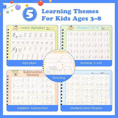 Magic Grooved Writing Practice for Kids Ages 3-8|Reusable Tracing Workbook|Magic Copybook Set with Disappearing Ink Pens for Preschool Learning