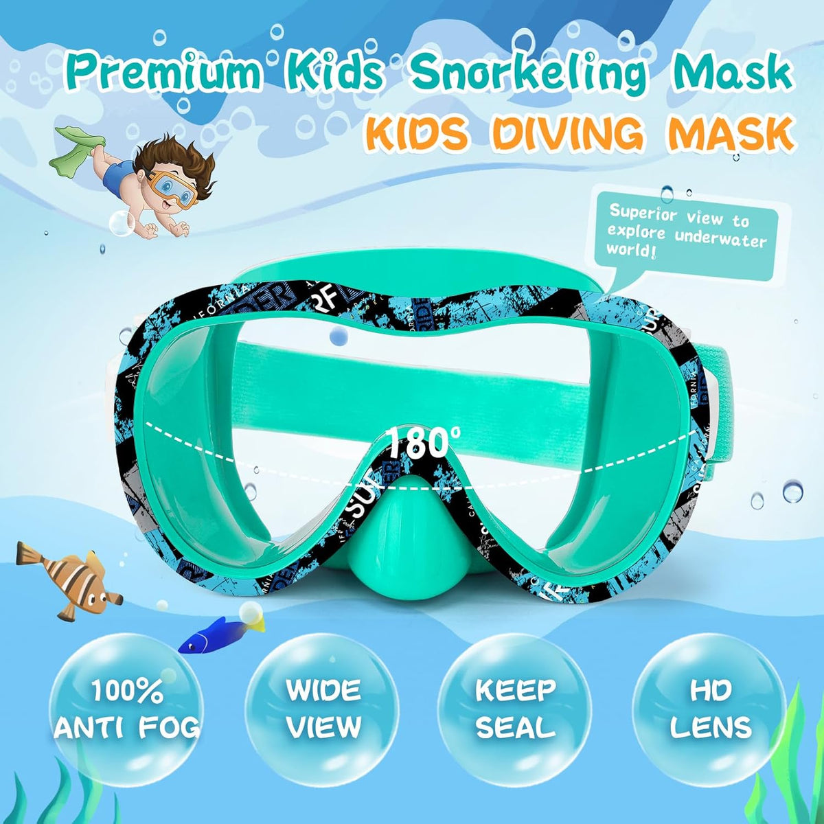 Kids Swim Goggles 180° Snorkel Diving Mask with Nose Cover, Anti-Fog Kids Swimming Goggles with Elastic Fabric Strap for Kids Boys Girls