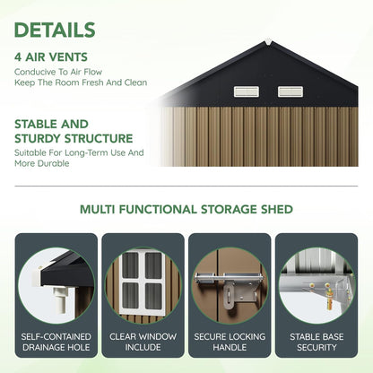 8X6FT Outdoor Steel Storage Shed with Lockable Doors, Frame Floor (No Wood/Other Boards),One Window,Ideal for Garden, Backyard, Patio Storage,Brown