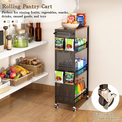 Utility Slim Storage Cart 4 Tier Small Rolling Kitchen Laundry Room Organization Cart with Wood Top Metal Narrow Laundry Room Shelves Cabinet Unit Laundry Organizer Trolley with Handle for Small space