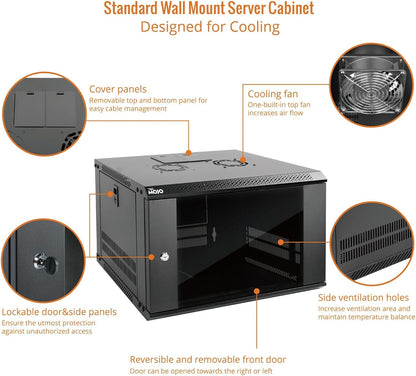 Tecmojo 6U Wall Mount Server Cabinet IT Network Rack Enclosure Lockable Door and Side Panels Black, Cooling Fan, Standard Glass Door, 450mm Depth, for 19” IT Equipment, A/V Devices