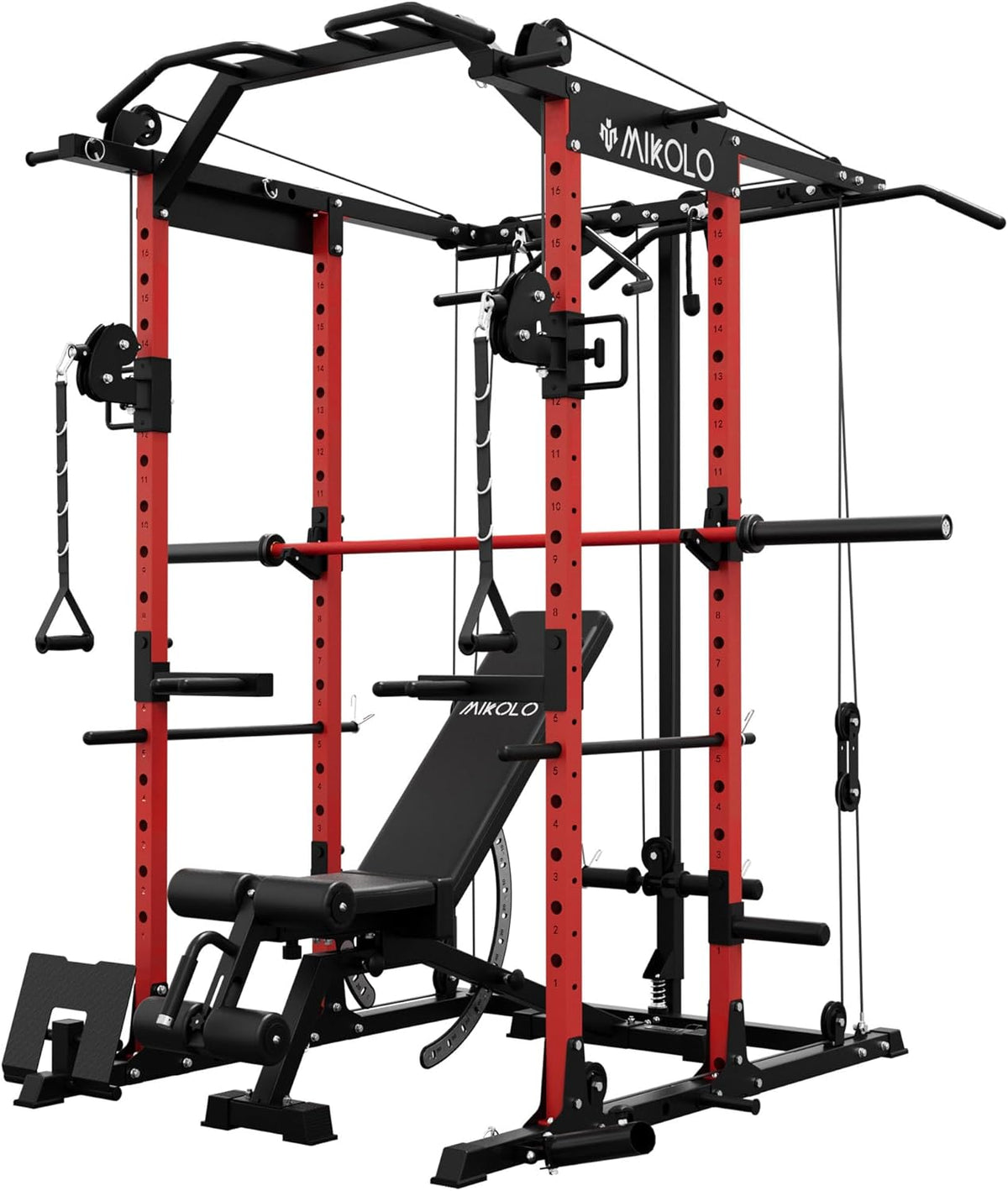 Mikolo Power Cage, Power Rack with Cable Crossover System, 1500LBS Squat Rack with LAT Pull Down System, Workout Cage with Pulley System for Fitness Home Gym