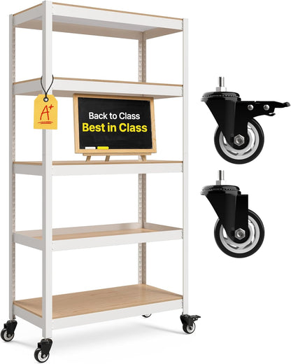 HOMEDANT House White 5-Tier Metal Rolling Cart Shelf Rack Casters Heavy Duty Wheel Shelving Unit Adjustable Utility Storage Shelves Organizer Shelf Kitchen Garage 36.2" W x 16.5" D x 69.5" H 1Pack
