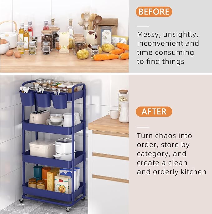 JIUYOTREE 4-Tier Plastic Rolling Storage Cart Utility Cart with Extra Hanging Cups Handles Lockable Wheels for Living Room Bathroom Kitchen Office Blue