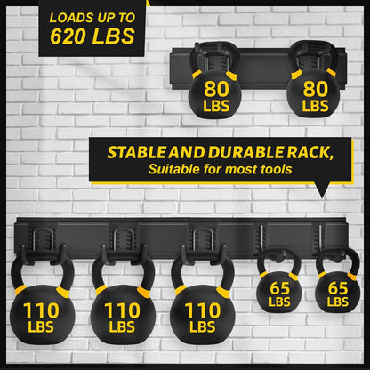 Garage Tool Organizer Wall Mount, 64 Inches Garden Tool Organizer with Adjustable Hooks, Metal Garage Storage Rack Max Loading 620lbs, Tool Holder for Hanging Rake Broom Mop Snowboard