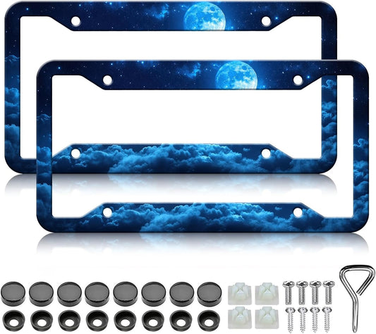 Moon Galaxy Starry Sky License Plate Frames - 2 Pack Night Sky License Plate Holder,Stainless Steel Rust-Proof Waterproof Car Decorative Tag Frame with Screws Fasteners Caps