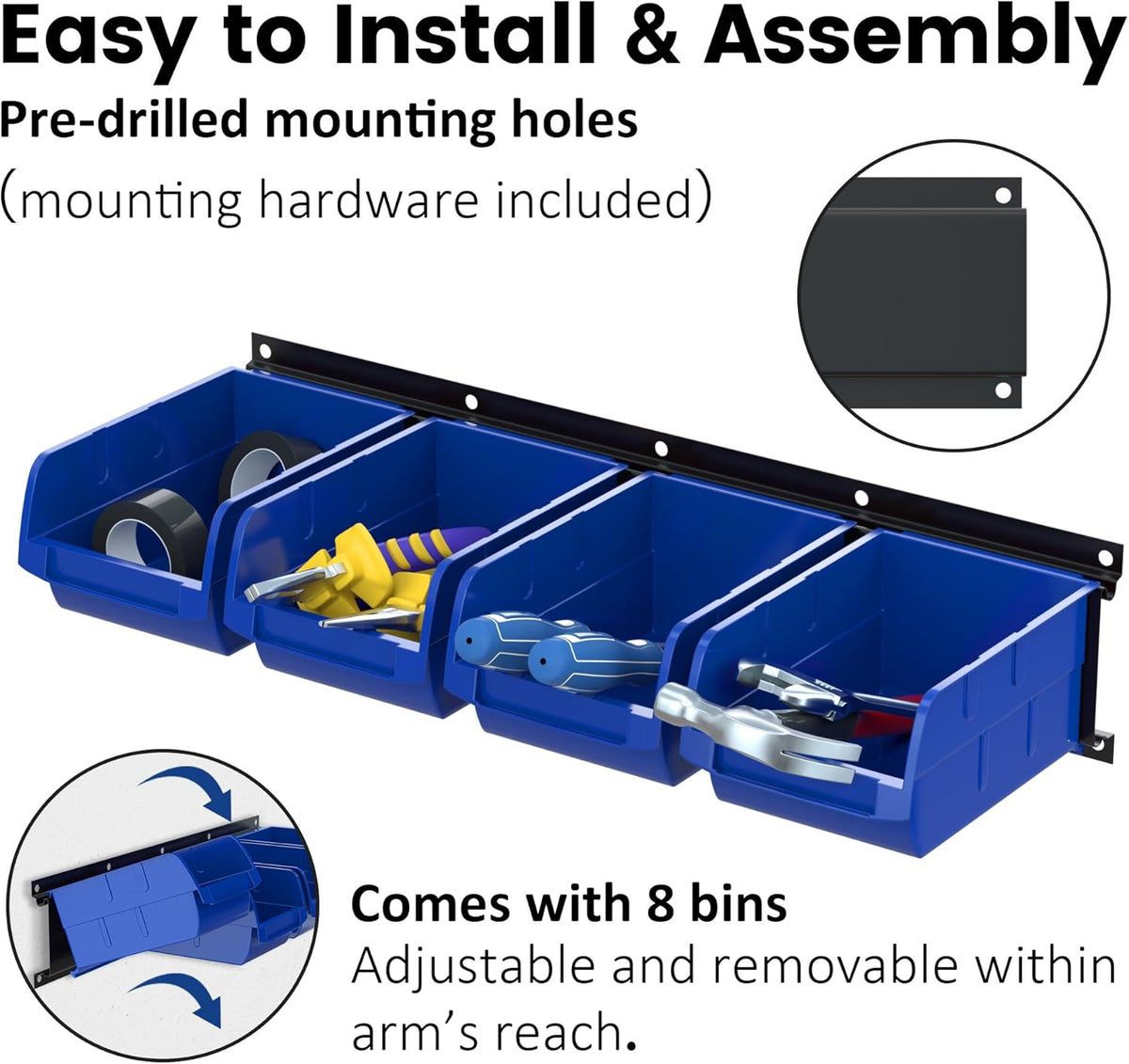 UNITEDPOWER wall mounted garage storage bin, Parts Rack, Plastic Hanging Stackable Storage Bin, Hardware Tool Organizer for workshop, Craft Room, school and Shop, 8 Bins&2 Rails (Blue), Large