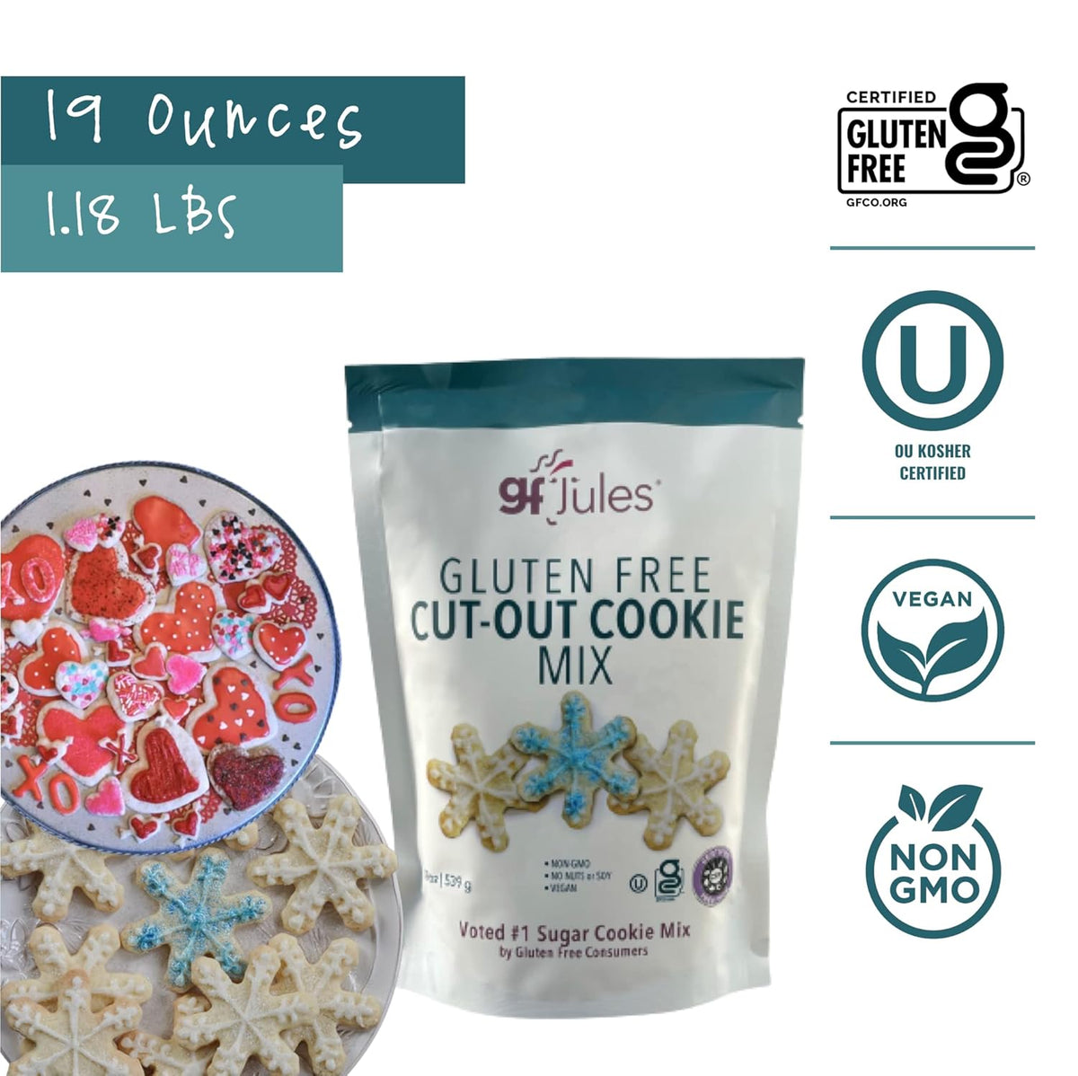 gfJules Certified Gluten Free Cut Out Cookie Baking Mix | Tollhouse Style | Bars or Cookies | No Grit, Non-GMO, Vegan | Certified Top 9 Allergen-Free & Kosher | Make 36 Sugar Cookies | 19 Ounces