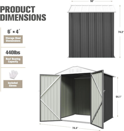 JUMMICO Metal Outdoor Storage Shed 6 x 4 FT Metal Shed with Lockable Door,Waterproof Garden Tool Shed Storage House for Backyard Patio Lawn,Grey