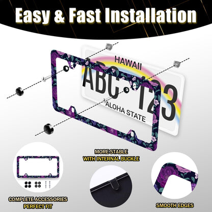Purple Floral Flowers License Plate Frame Roses Peonies Colorful License Plate Stainless Steel Flowers Car Accessory Funny License Plate Decoration Women Size 12.2" x 6.2" with Screws