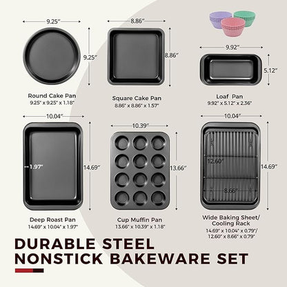 KITESSENSU Baking Pans Sets, Nonstick Bakeware Sets 19-Piece with Round/Square Cake Pan, Loaf Pan, Muffin Pan, Cookie Sheet, Roast Pan, Cooling Rack, Carbon Steel Bake Set