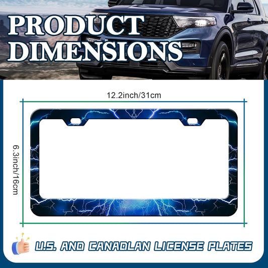 Blue Lightning License Plate Frames - 2 Pack Blue Thunder Stainless Steel License Plate Holder,Rust-Proof Waterproof Car Decorative Tag Frame with Screws Fasteners Caps