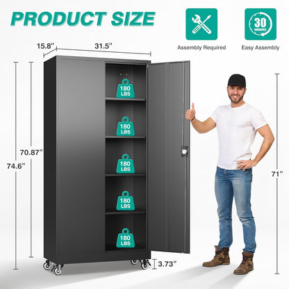 SISESOL Metal Storage Cabinet with Wheels,75 inch Tall Rolling Garage Storage Cabinet with Lock,Black Metal Cabinets with Wheels and Shelves,Deep Heavy Duty Tool Locker for Garage,Home,Office,Shop